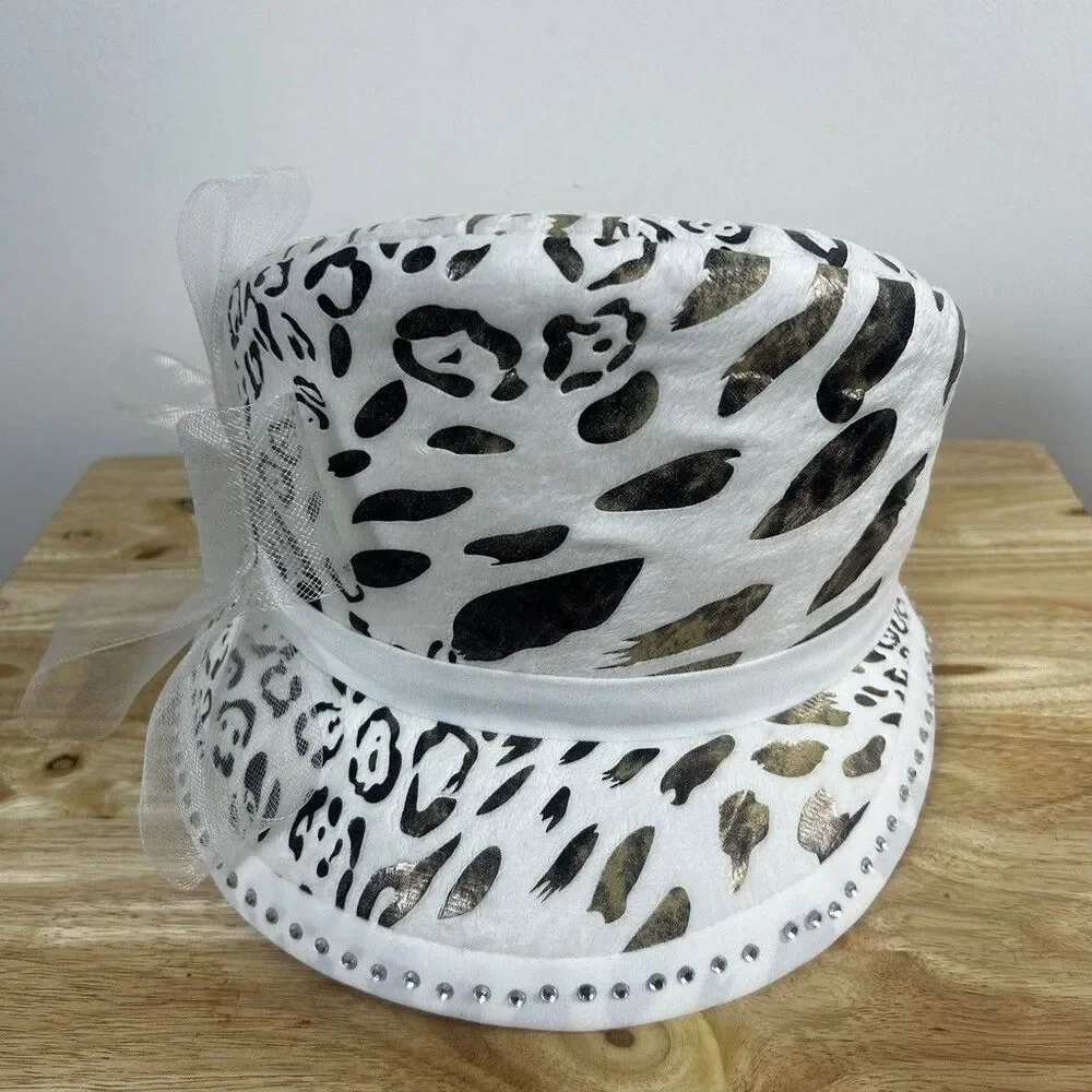 Unbranded Leopard Print Bucket Hat White Gold Metallic Rhinestone Bow One Size